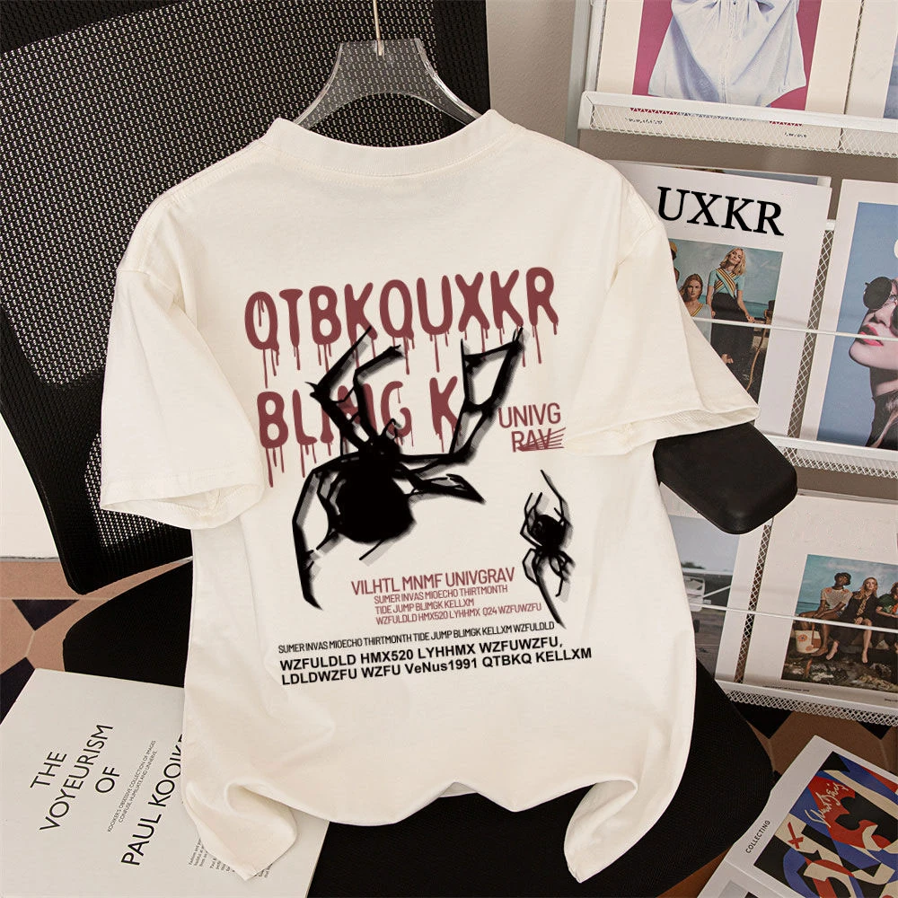 美式潮牌男女童纯棉短袖T恤新款夏装百搭复古蜘蛛印花中大童上衣