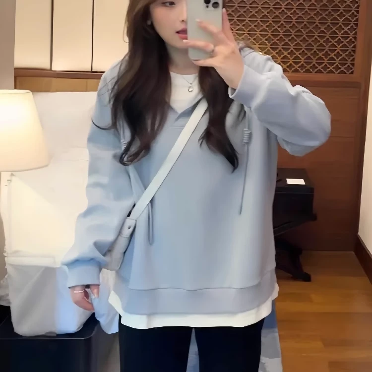 大码胖mm连帽卫衣女秋季新款宽松慵懒风设计感小众假两件外套上衣