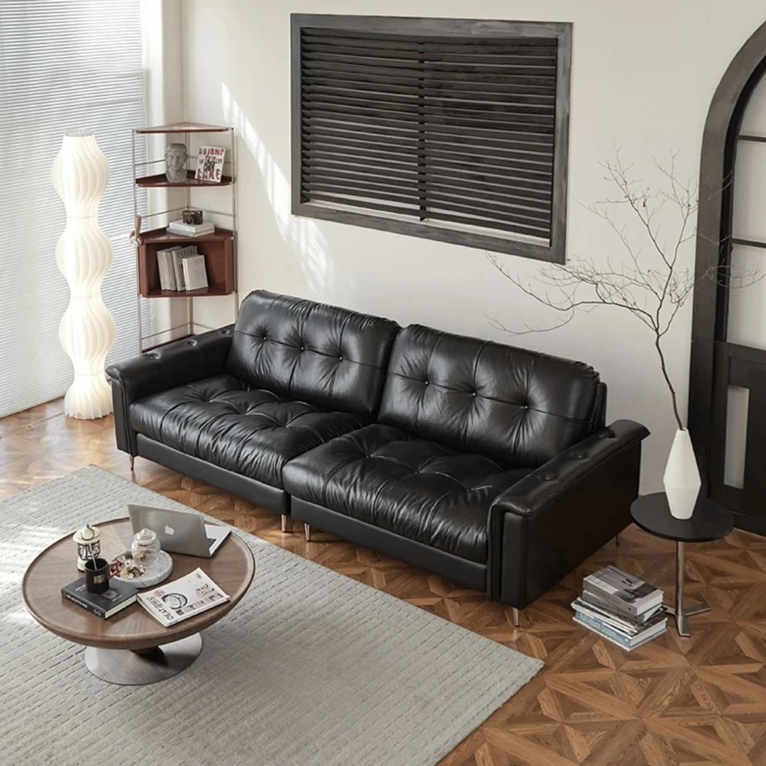 复古风星云黑色油蜡皮沙发直排三人位客厅小户型法式中古风沙发