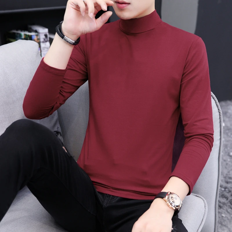 春秋款男士长袖T恤衫纯色上衣男款中领打底内搭修身韩版体恤红色