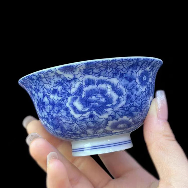 景德镇青花瓷万花压手杯家用中式白瓷品茗杯男女高档茶杯功夫茶具