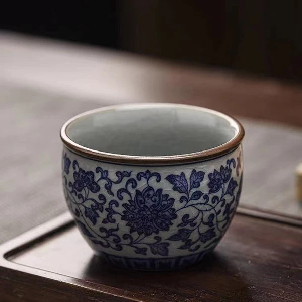 景德镇青花缠枝莲主人杯功夫茶杯品茗杯单杯子手工陶瓷喝水杯茶碗