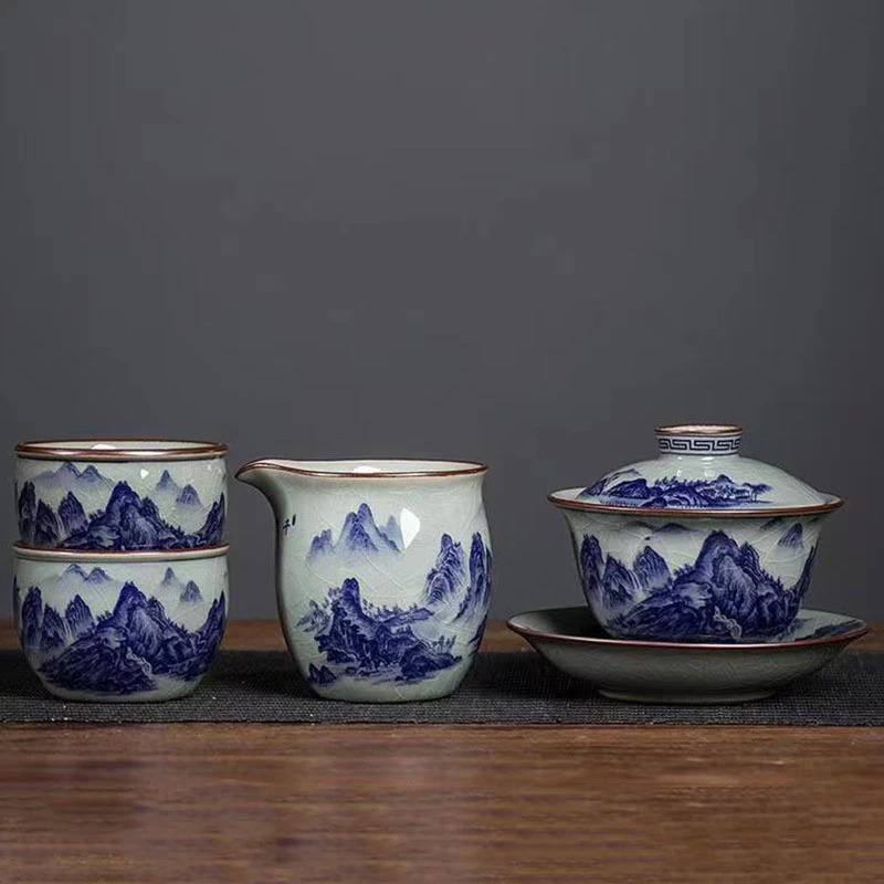 青花瓷千里江山盖碗茶杯正宗景德镇陶瓷盖碗可悬停功夫茶具泡茶器