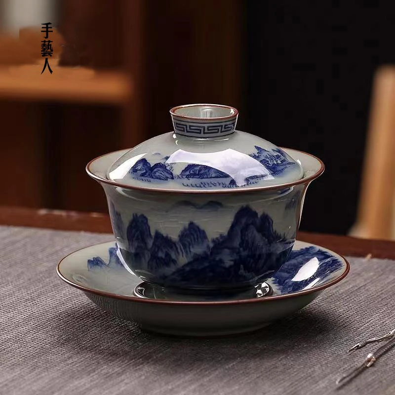 景德镇茶具山水千里江山陶瓷盖碗套装三才茶碗茶杯子陶瓷单个防烫
