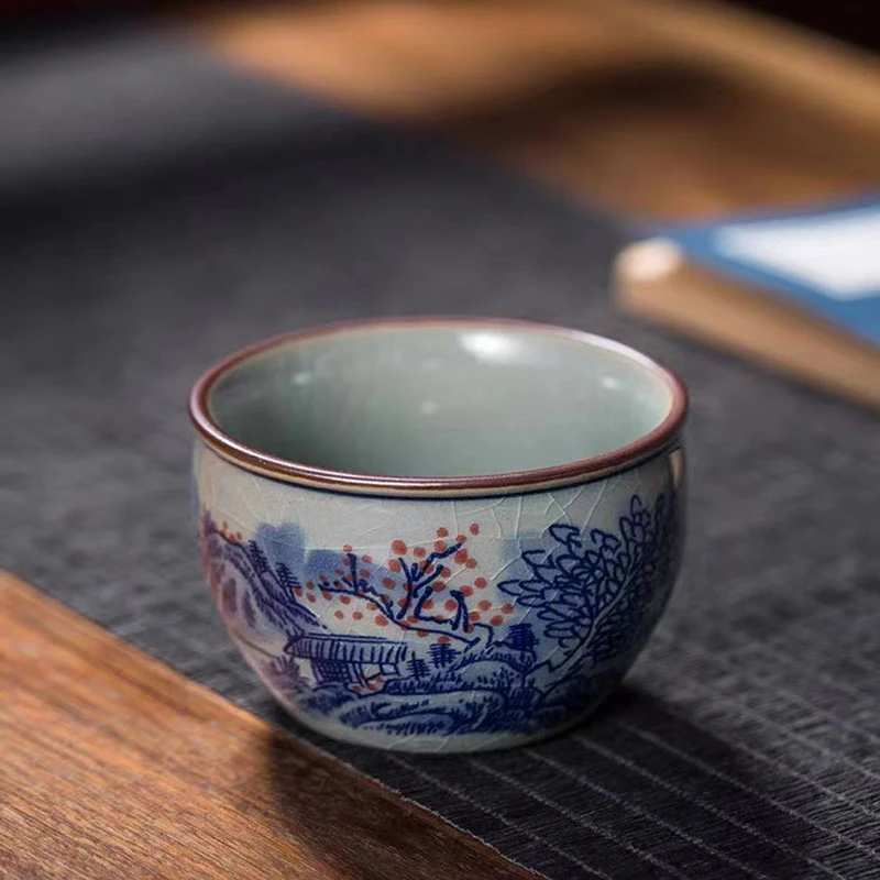 青花山水茶杯单只茶盏主人杯陶瓷茶碗功夫茶具品茗杯单个开片可养