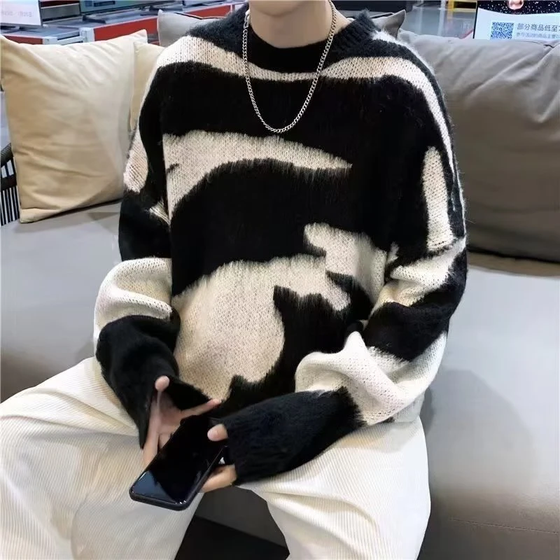 美式高街痞帅打底男士毛衣加厚黑白慵懒风ins潮牌复古针织衫休闲