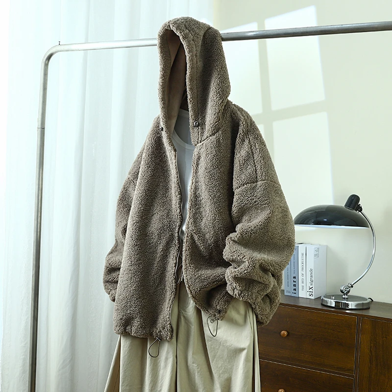 琴川谷冬季黑色加厚宽松休闲连帽仿羊羔毛外套女百搭抽绳慵懒绒衫