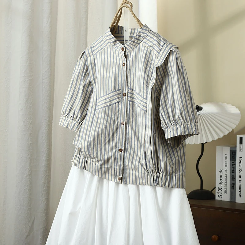 条纹拼接设计感小众宽松时尚短款衬衫女纯棉百搭松紧夏季短袖衬衣