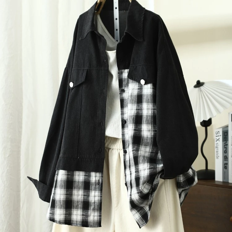 琴川谷格子拼接衬衫宽松上衣春秋长袖牛仔大码休闲显瘦衬衣港风潮