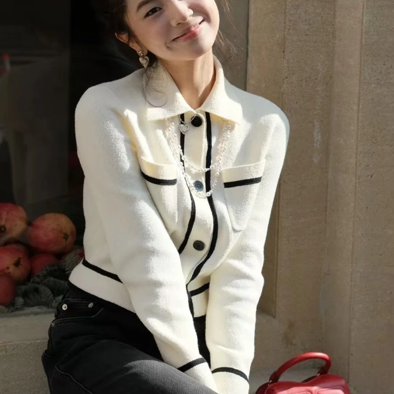 DL96 2024秋冬新品小香风拼接撞色针织开衫女