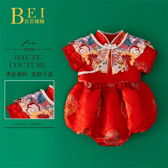 宝宝唐装满月百天儿童女童公主中国风女宝满月百天烫金夏季新生儿