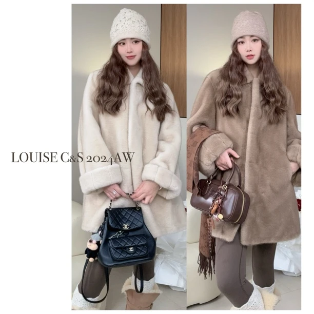 LOUISE FUR【南瓜贝贝】南瓜挽袖中长款娃娃领高版本保暖毛毛外套