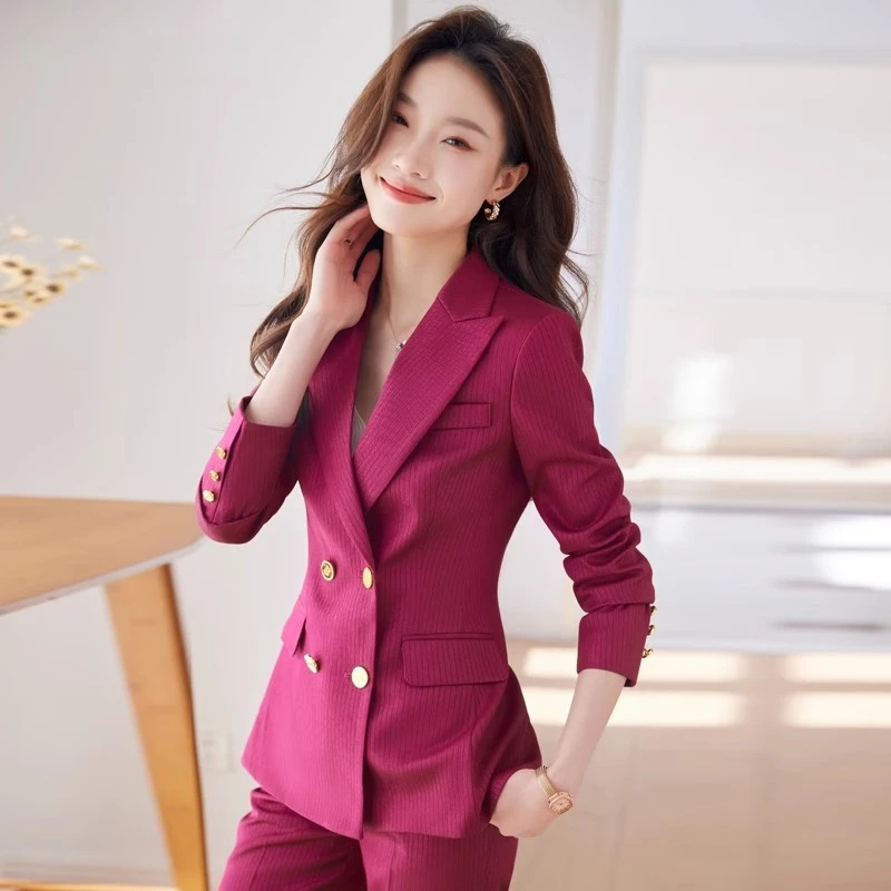 玫红色西装套装女春季2024新款高级感气质主持人职业装小西服外套