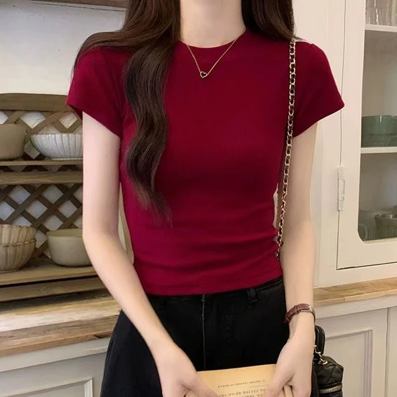 酒红色复古美式短款显白女上衣夏季修身正肩甜辣妹法式短袖t恤女