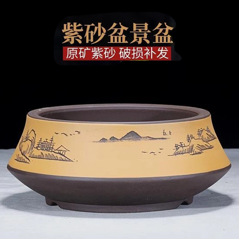 紫砂盆景盆圆形文竹罗汉松树桩盆乌木仙人球多肉盆古典紫砂盆