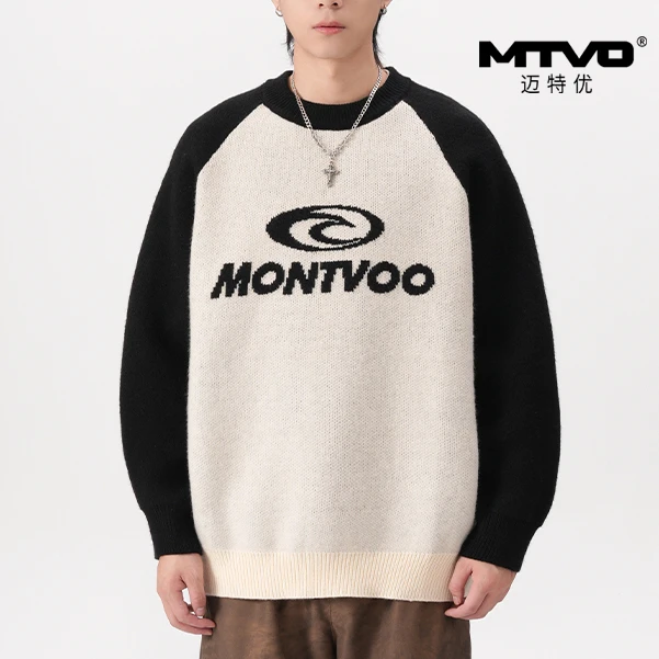 【断码清货】迈特优秋季拼接印花提花毛衣男圆领宽松ins潮休闲上衣