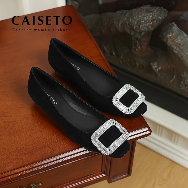 头层羊皮/2cm新款方头方钻低跟真皮女鞋软面通勤百搭平底单鞋D538