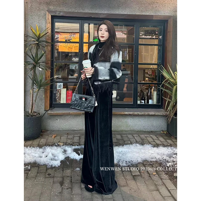 【清仓】小香风黑白格子短款长袖外套女流苏设计感外套高腰230888