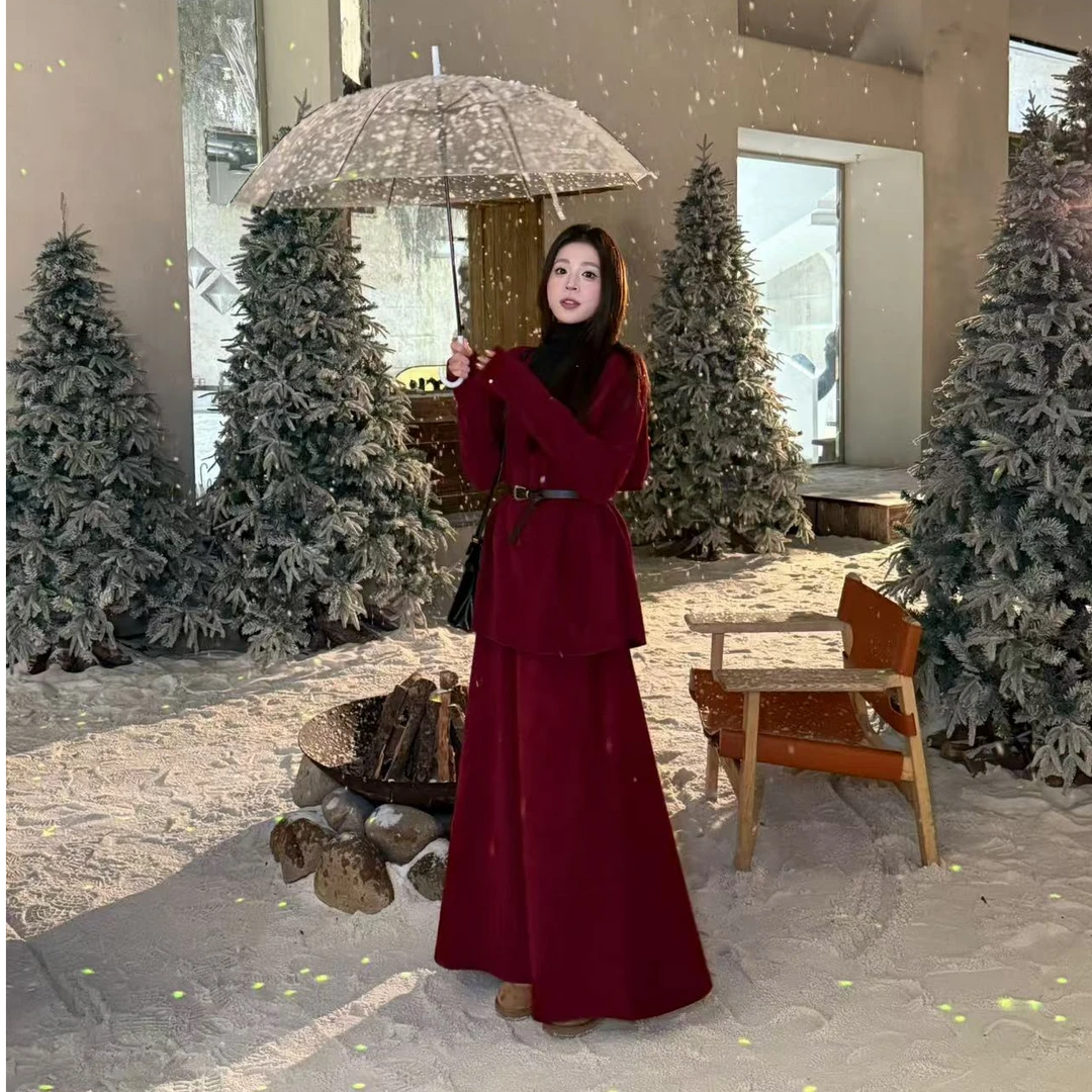 【雯雯】冬季新款拼接上衣遮肉显瘦半身裙套装-24144