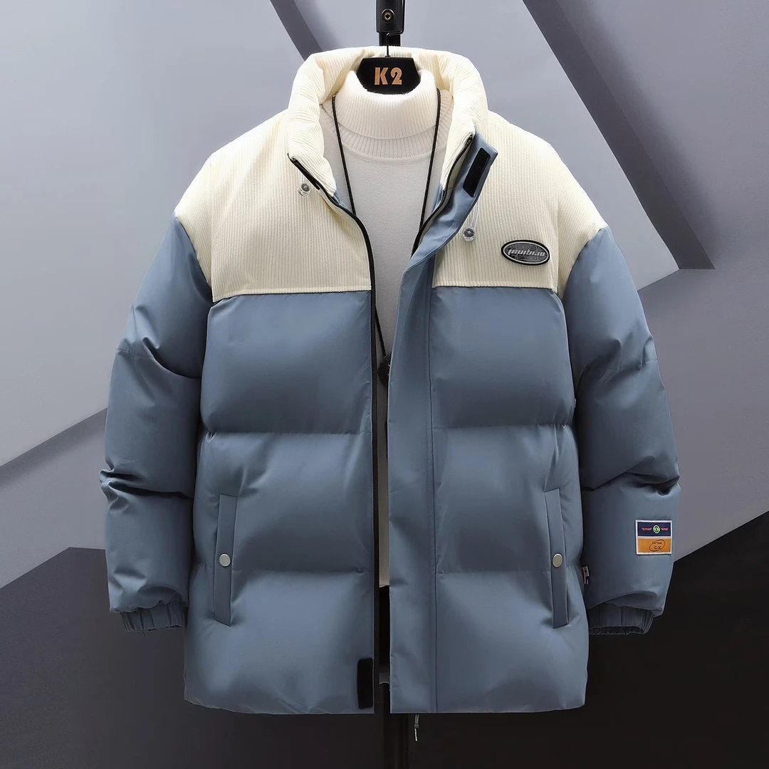 新款棉衣男秋冬季时尚百搭拼色青少年立领休闲加绒保暖外套棉服男