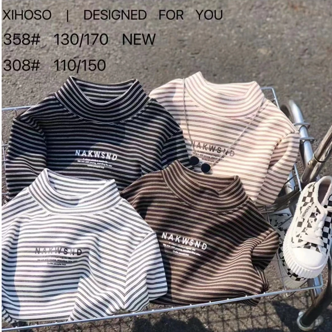 儿童条纹打底衫秋冬装中大童半高领长袖