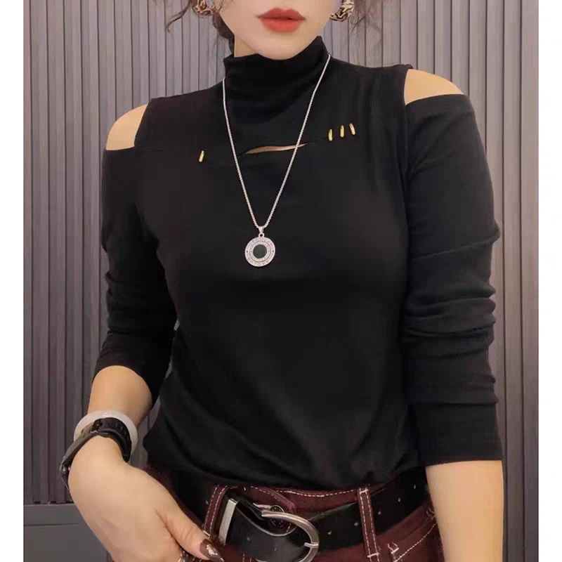 2024新款修身显瘦洋气打底衫镂空漏肩长袖T恤