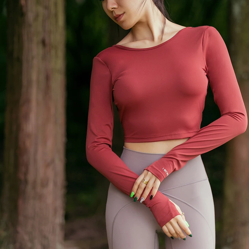 LRECNAVA芮柯纳未 裸感修身美背带胸垫健身运动瑜伽服长袖上衣女