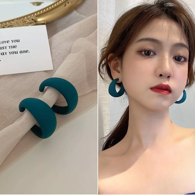 蓝色大圆环C形耳圈欧美夸张磨砂个性气质百搭潮显白显瘦耳环耳饰