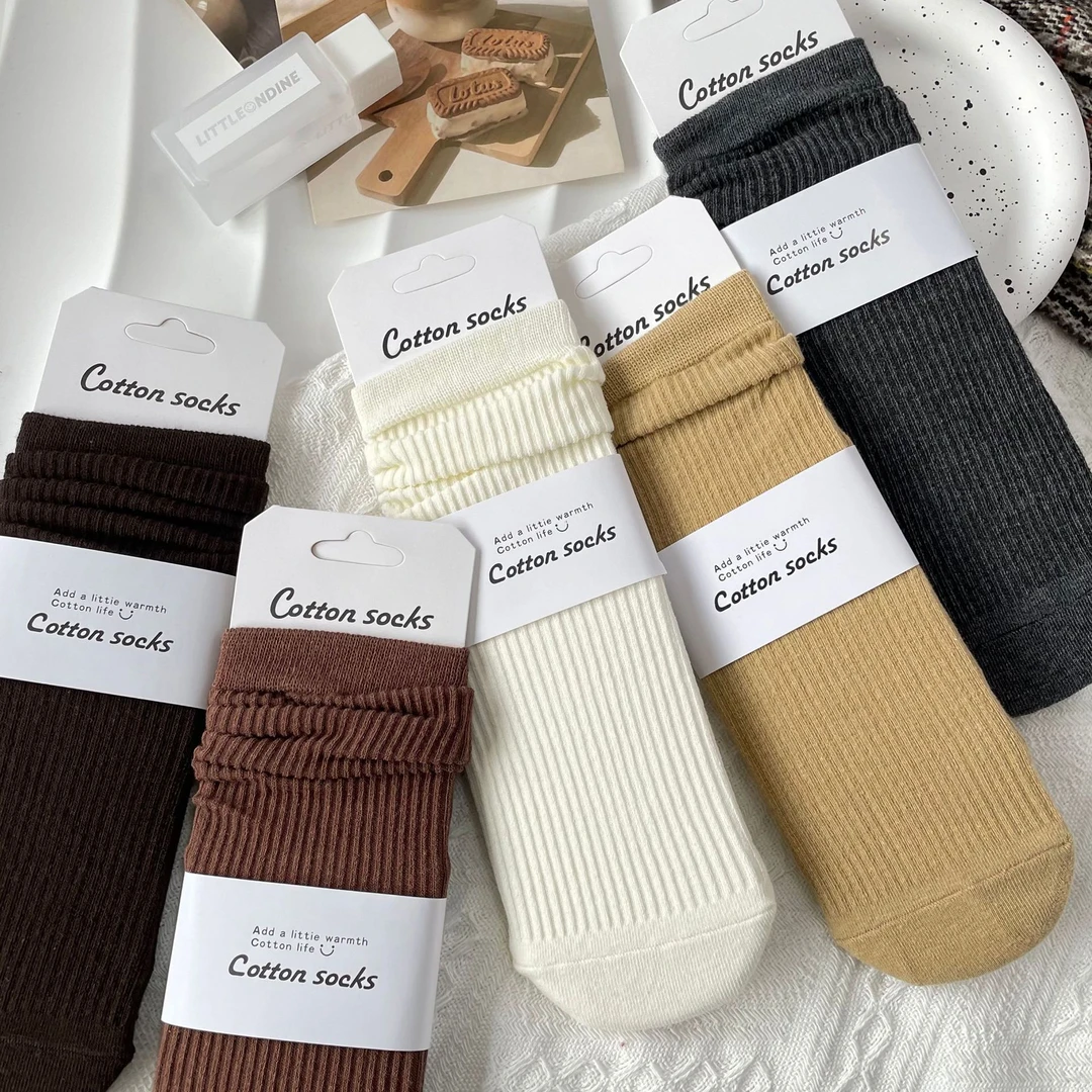 5双装纯色堆堆袜秋季新款百搭中筒袜子女美拉德咖色棉袜韩版ins潮