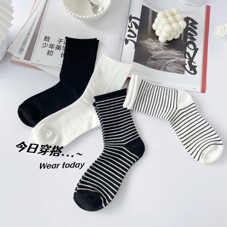 4双装袜子女春季百搭黑白色中筒袜卷边条纹韩版薄款学院风棉质女