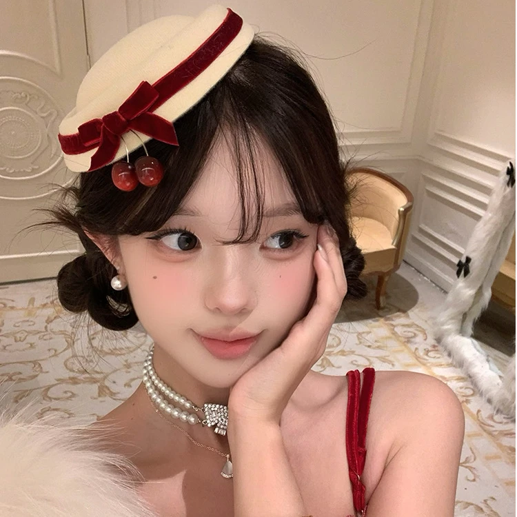 秋冬圣诞红丝绒蝴蝶结樱桃礼帽发夹女复古法式边夹发饰