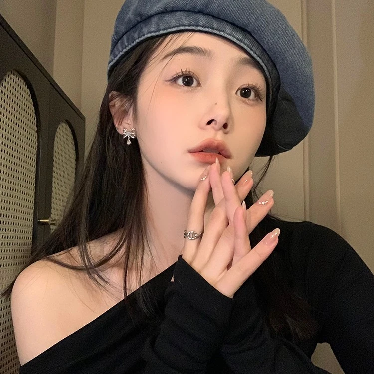 合金耳饰 蝴蝶结欧泊石爱心耳环设计感高级耳钉女款无耳洞耳夹