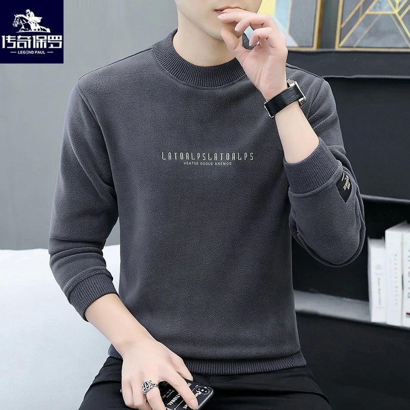 传奇保罗高档男士卫衣双面奥粒绒秋冬加绒加厚圆领长袖保暖打底衫