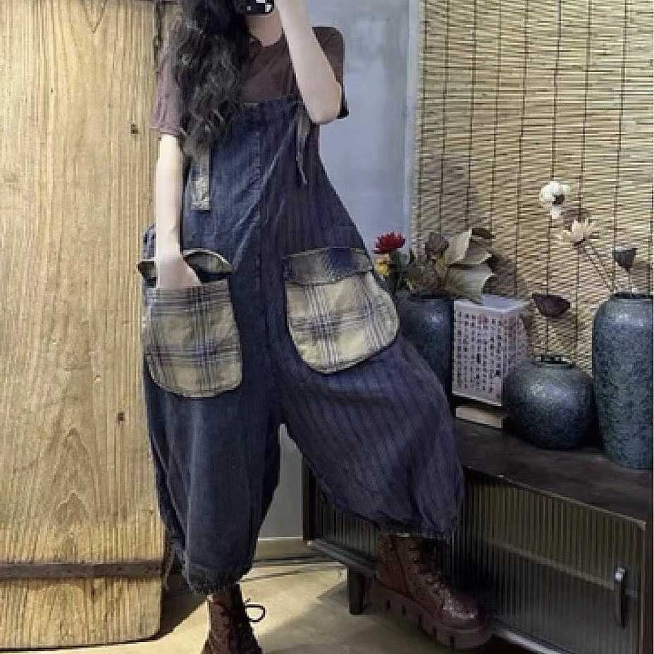 老粗布拼接大码时尚复古宽松大口袋连体裤背带