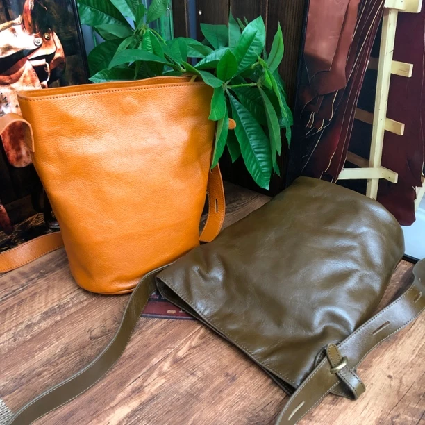 【古道】头层牛皮真皮休闲简约单肩斜挎水桶包3019