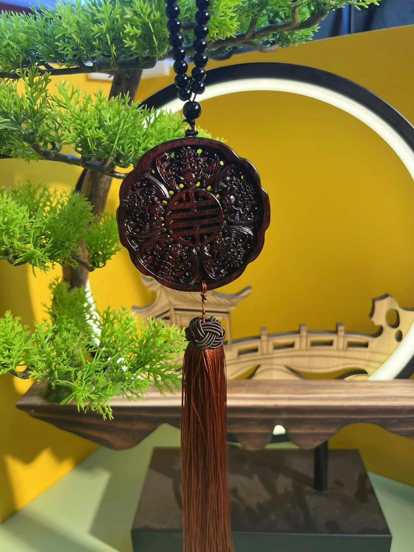 紫檀木五福牌挂件高油高密紫檀精工雕刻双面五福临门挂件门把手挂