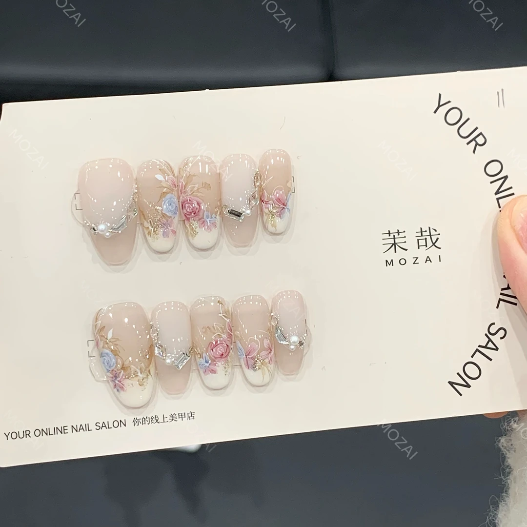 茉哉V高定【水彩手绘/浮生绘】纯手工定制美甲穿戴甲F0037