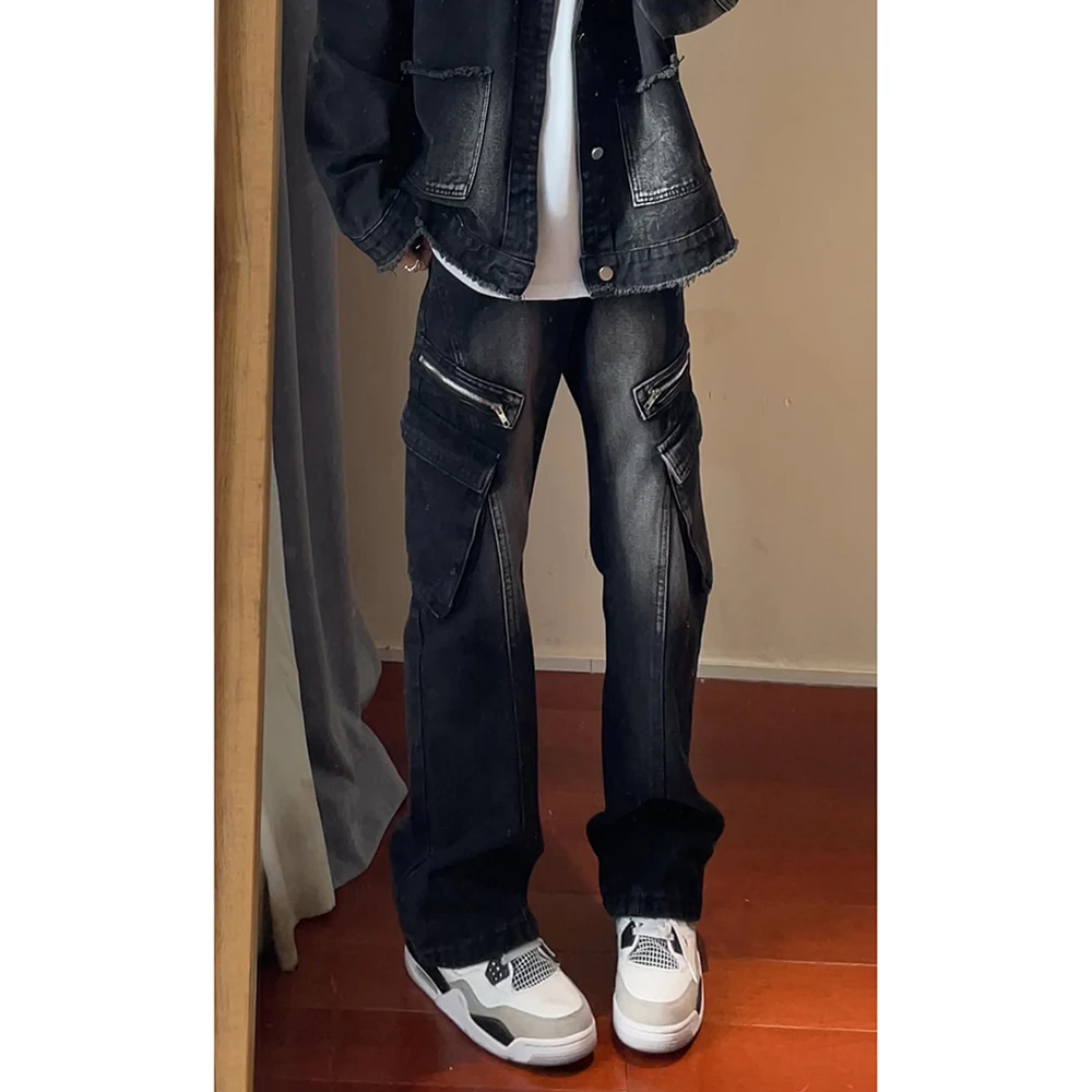 美式高街水洗多口袋工装牛仔裤男款潮牌做旧直筒宽松黑色阔腿裤子