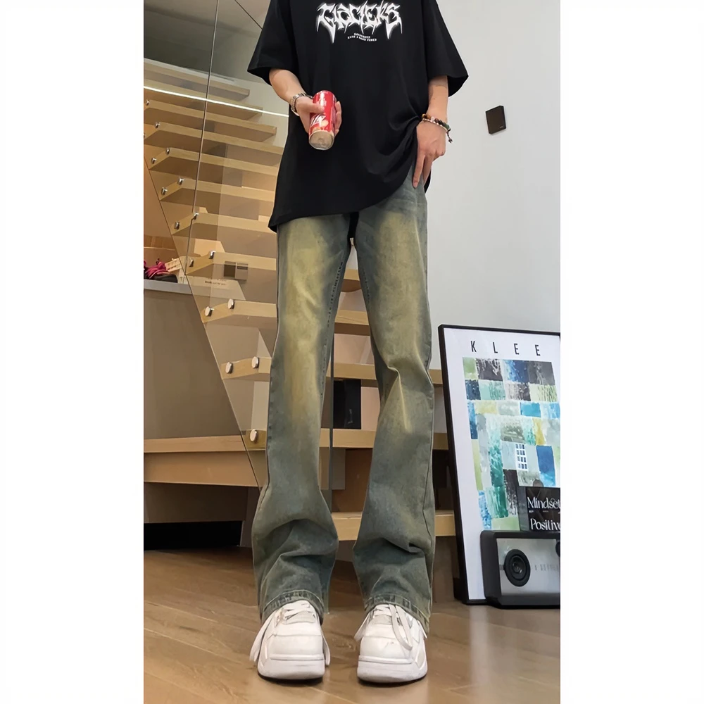 复古蓝微喇牛仔裤男款夏季美式高街vibe裤子加长高个子直筒弯刀裤