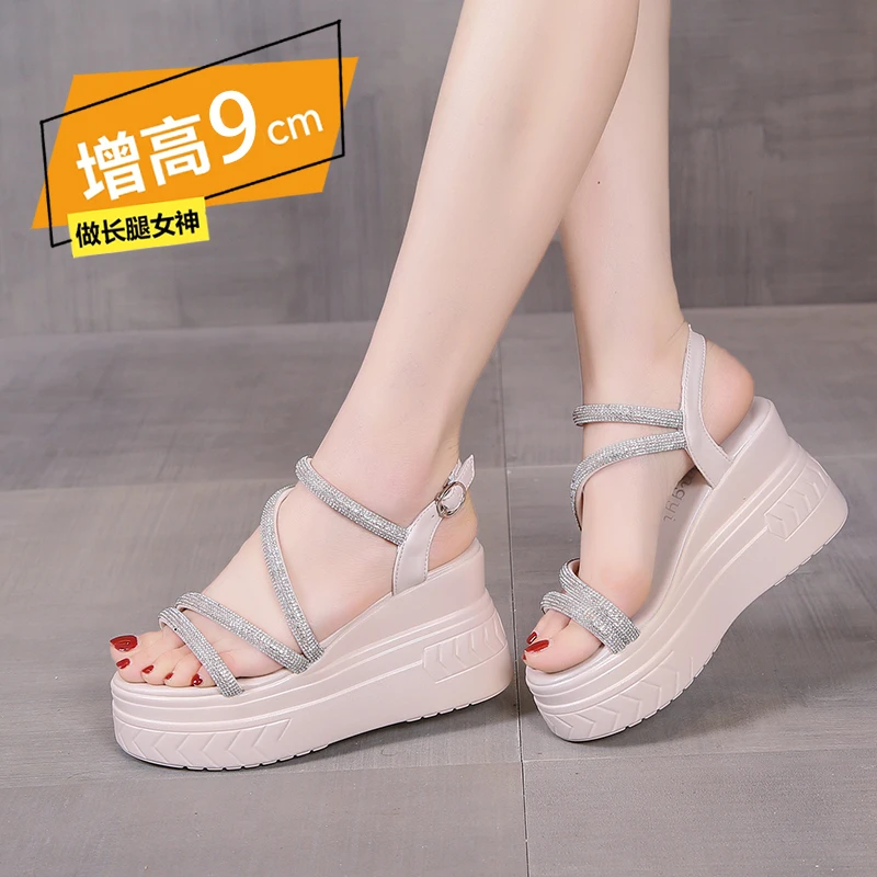 女士松糕厚底凉鞋女坡跟夏季新款时尚百搭网红水钻高跟鞋女防水台