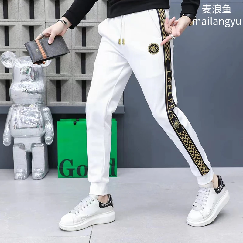 潮牌欧货白色时尚休闲裤男士修身卫裤春款潮流百搭束脚裤子小脚裤
