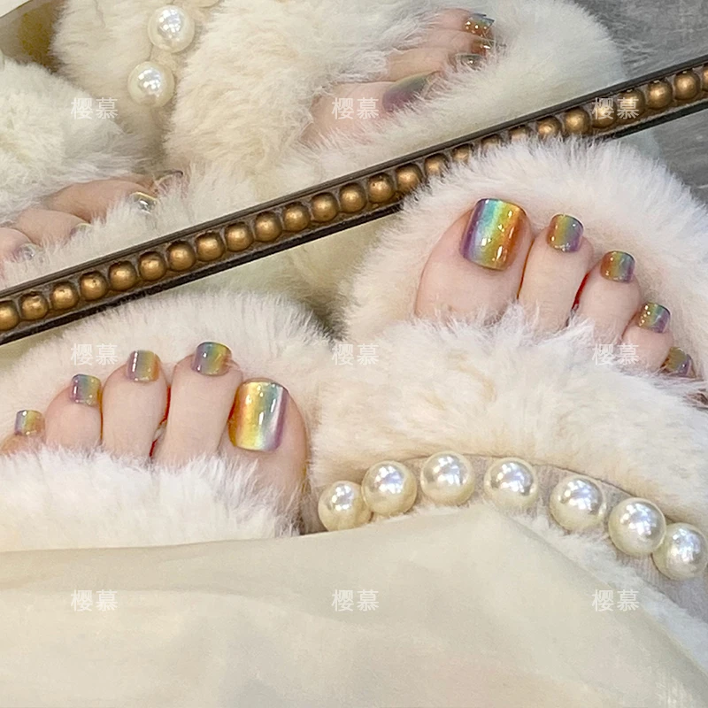 彩虹猫眼脚趾甲爆闪美甲贴片2024新款夏季脚指甲穿戴甲成品穿戴式