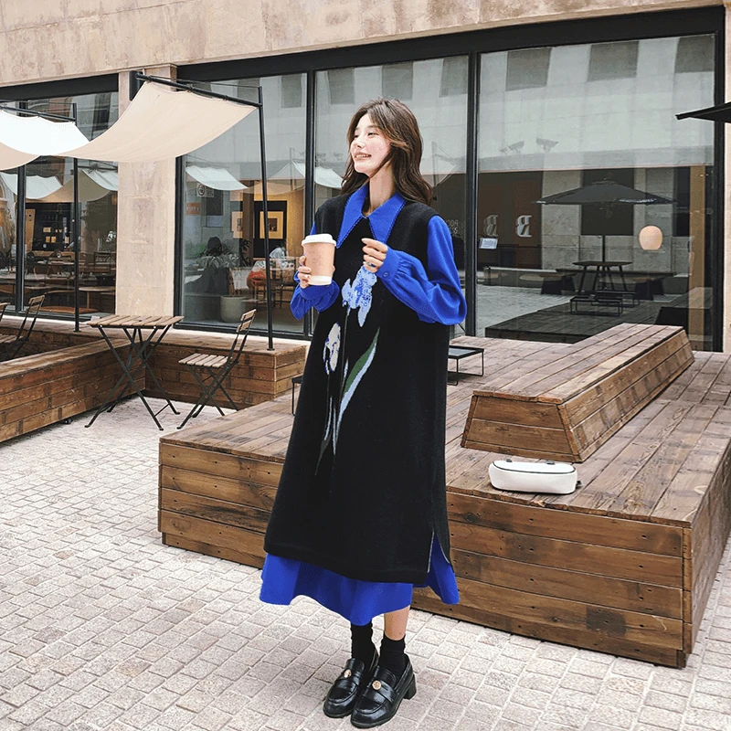 提花针织叠穿克莱因蓝衬衫裙套装女2025秋季新款娃娃领减龄两件套