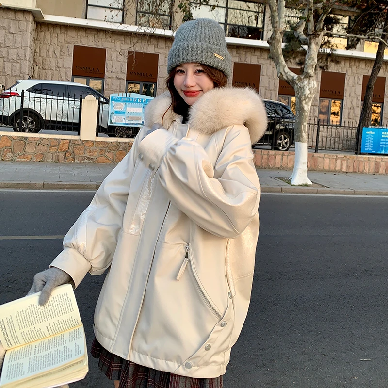 工装派克服女冬季2025年新款小个子中长款加绒加厚大毛领棉服外套