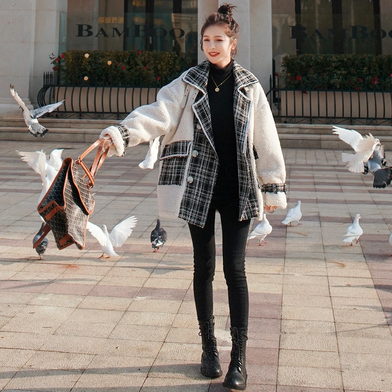 小香风拼接羊羔毛外套女秋冬2025新款小个子高级感加绒摇粒绒棉服