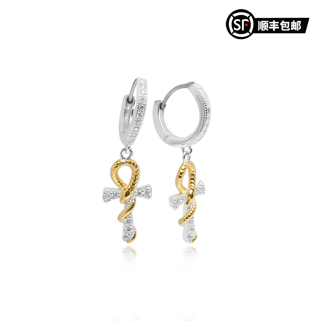WIC 925银莫桑石耳饰 安卡蛇形十字架耳环
