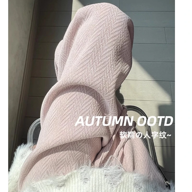 胖MM大码粉色人字纹阔腿裤女秋冬加绒高腰宽松显瘦垂感直筒休闲裤