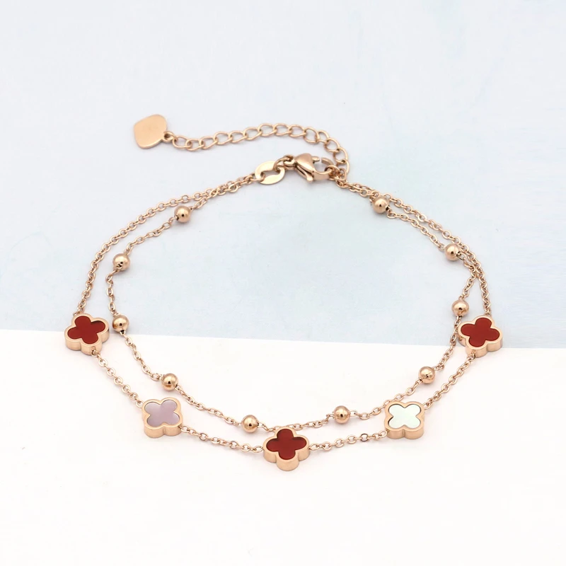 钛钢脚链 四叶草脚链女双层链网红同款百搭简约个性2023年新款