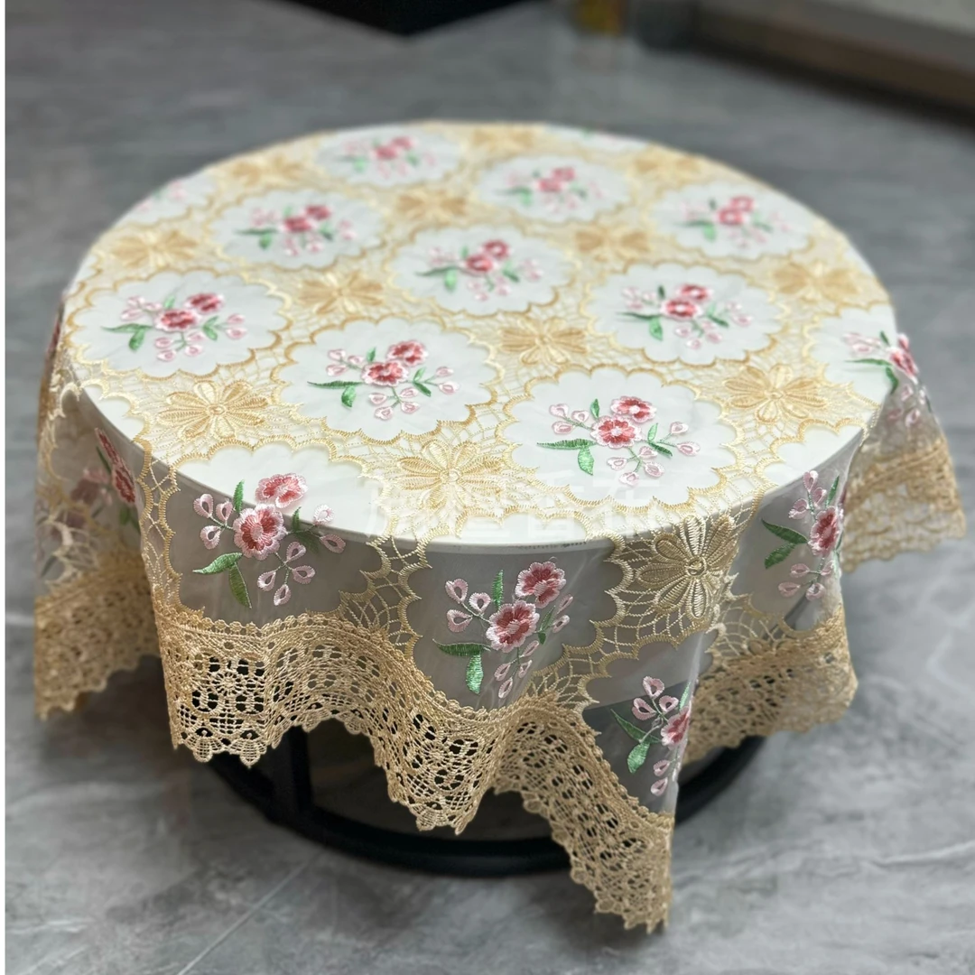 桃花刺绣玻璃纱90*90CM防尘盖巾圆方桌空调床头柜水溶花边绣花新。