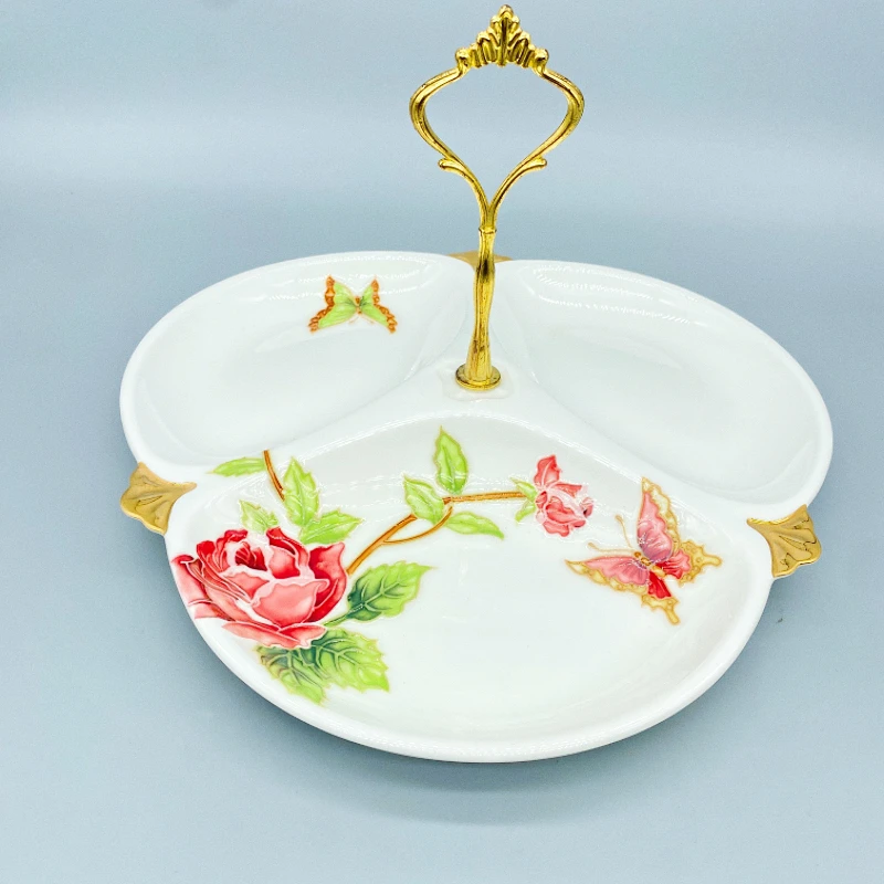 出口老瓷骨瓷欧式手绘水果盘点心盘金边高档糕点盘子家用浮雕盘